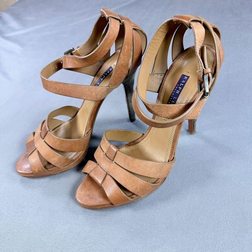 Ralph Lauren Collection Womens Leather Strappy Sandals Size 9B Cognac Chain Heel